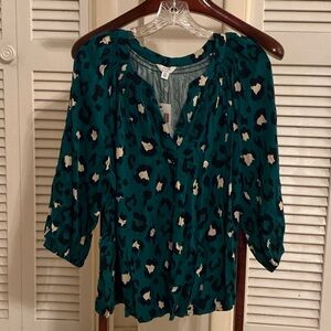 Crown & Ivy Teal Blouse with Black Leopard Pattern